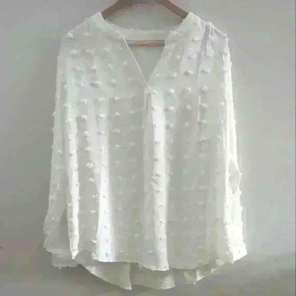 🌴2/$25🌴AMAZON | Women's White Swiss Dots V-Neck Long Sleeved Lightweight Top - Picture 1 of 3